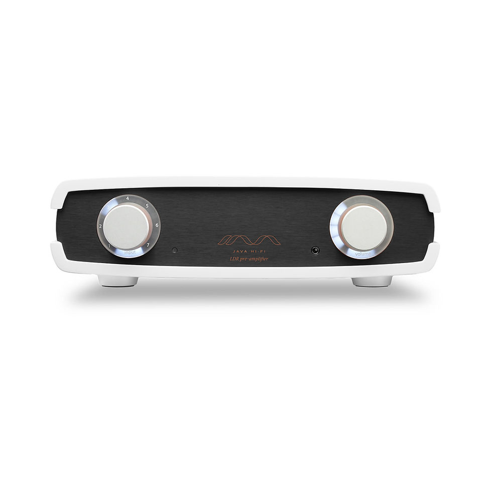 Front view of the Double Shot LDR Pre-Amplifier in white highlighting the input selector and volume control knobs.