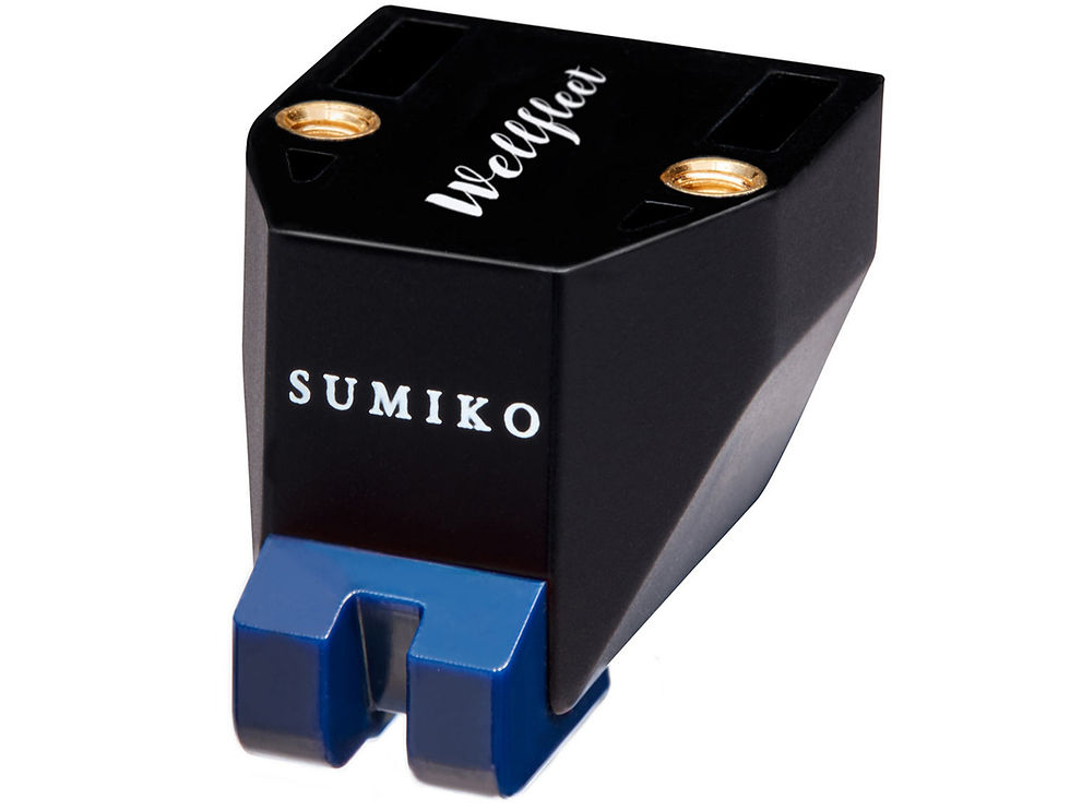 Frontal view of the Sumiko Wellfleet Moving Magnet Phono Cartridge, focusing on the 'Wellfleet' branding and the vivid blue stylus guard.