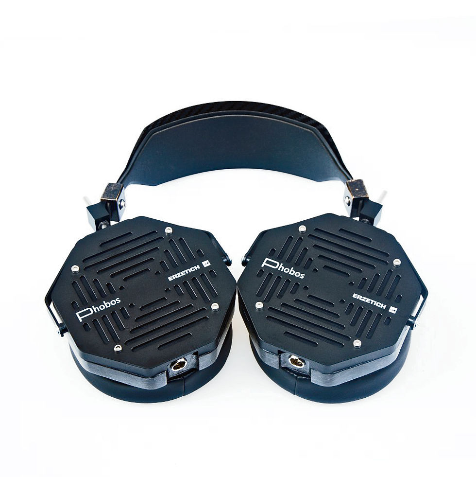 Thumbnail: Erzetitch Phobos V2021 headphones laid flat with carbon fiber headband and black ear cups.