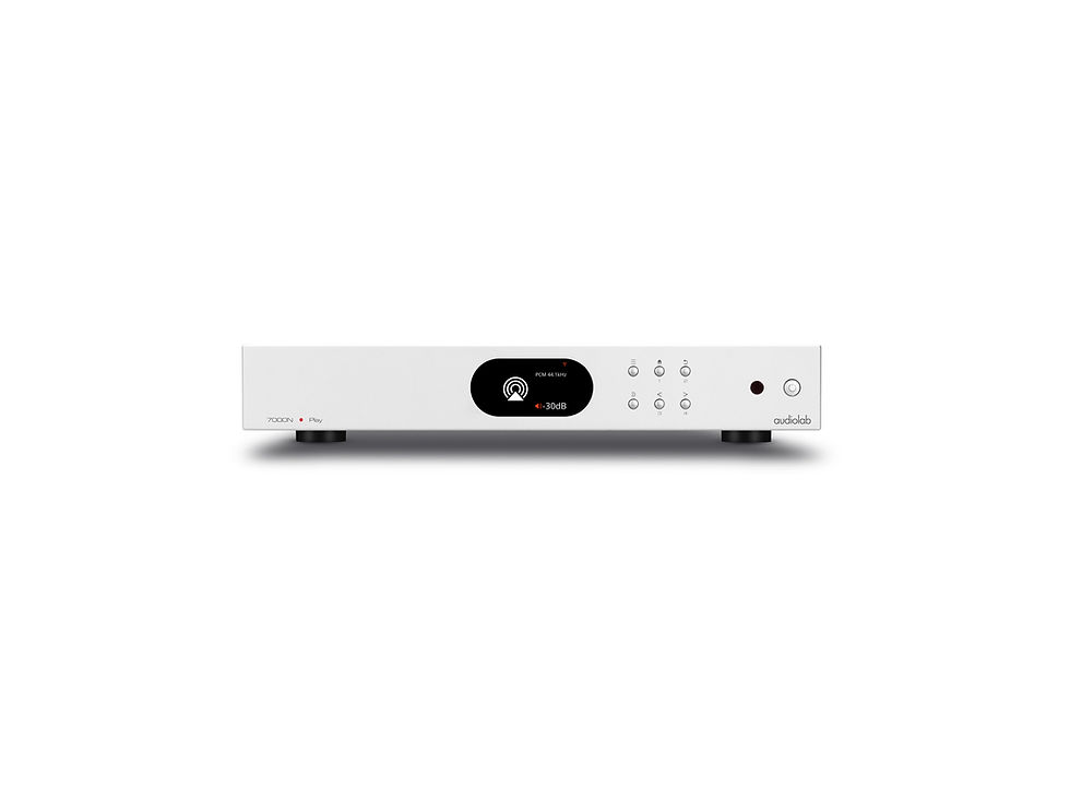 Thumbnail: Front view of the silver Audiolab 7000N Play streamer with display and control buttons visible.
