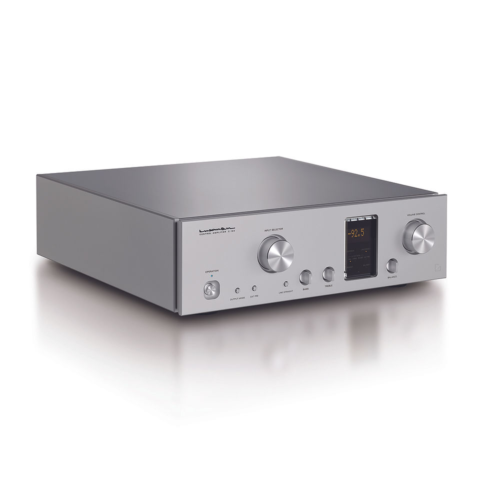 Thumbnail: Angled side view of Luxman C-10X showcasing its elegant design and reflective silver finish.