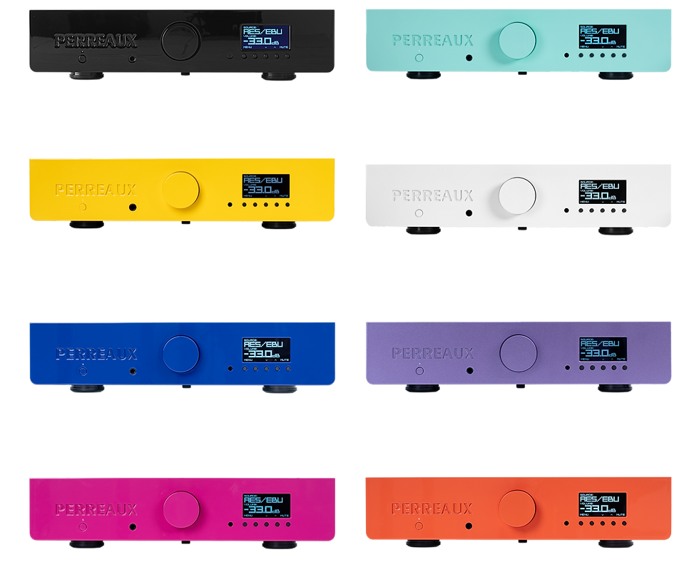 A vibrant selection of Perreaux 200iX amplifiers in various colors, demonstrating custom aesthetic options for personalization.