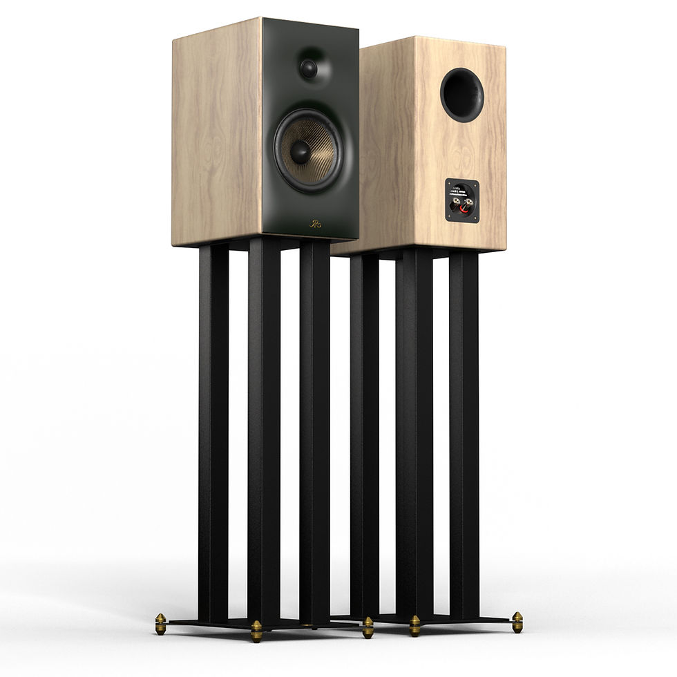 Rear view of a Revival Audio Sprint 3 speaker, displaying its connection terminals and branding on a black stand