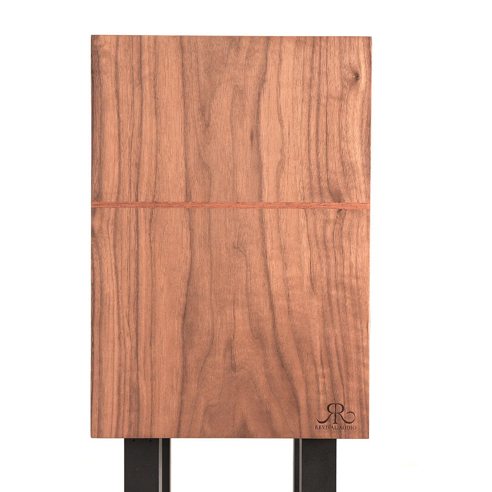 Thumbnail: Side close up view of Atalante 3 speaker with walnut finish on black stand.