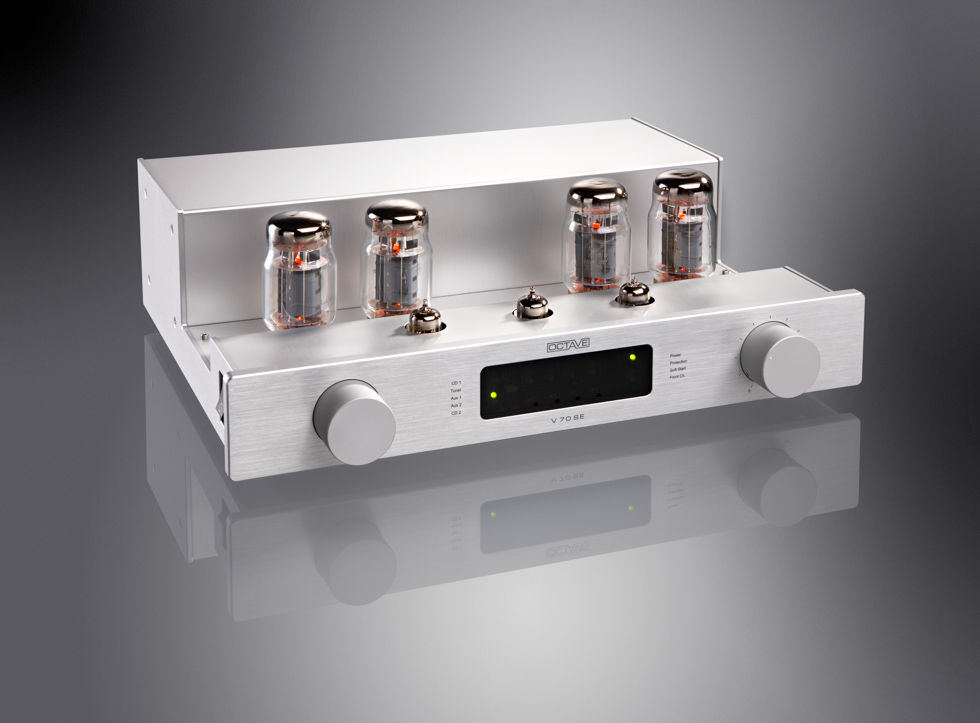 Thumbnail: Angled, elevated front view of a silver Octave V70 SE showcasing it's valves, display and knobs.