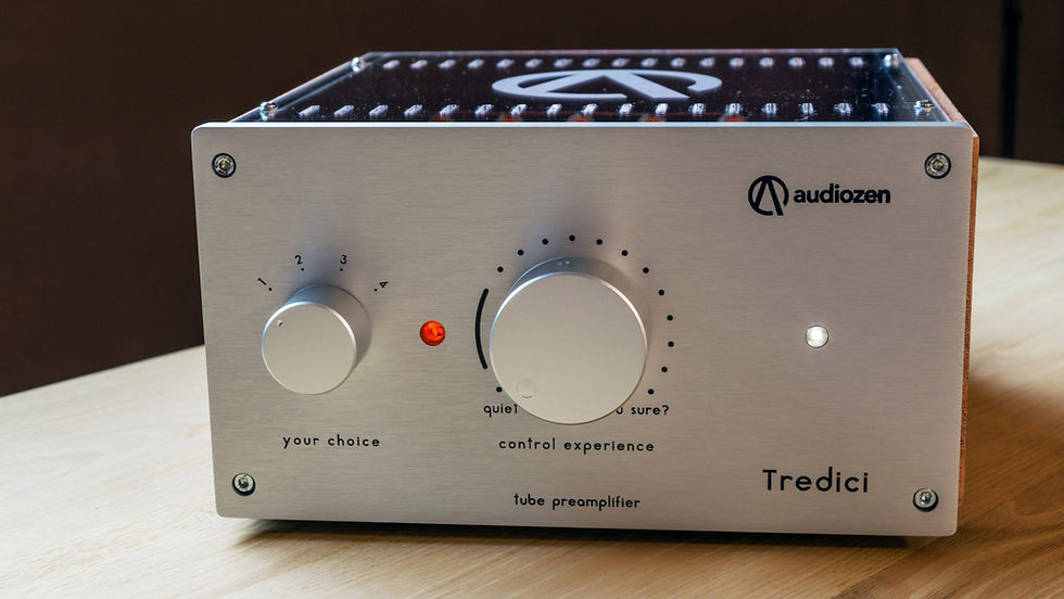 Front view of the Audiozen Tredici tube preamplifier with aluminium knobs and LED indicator light.