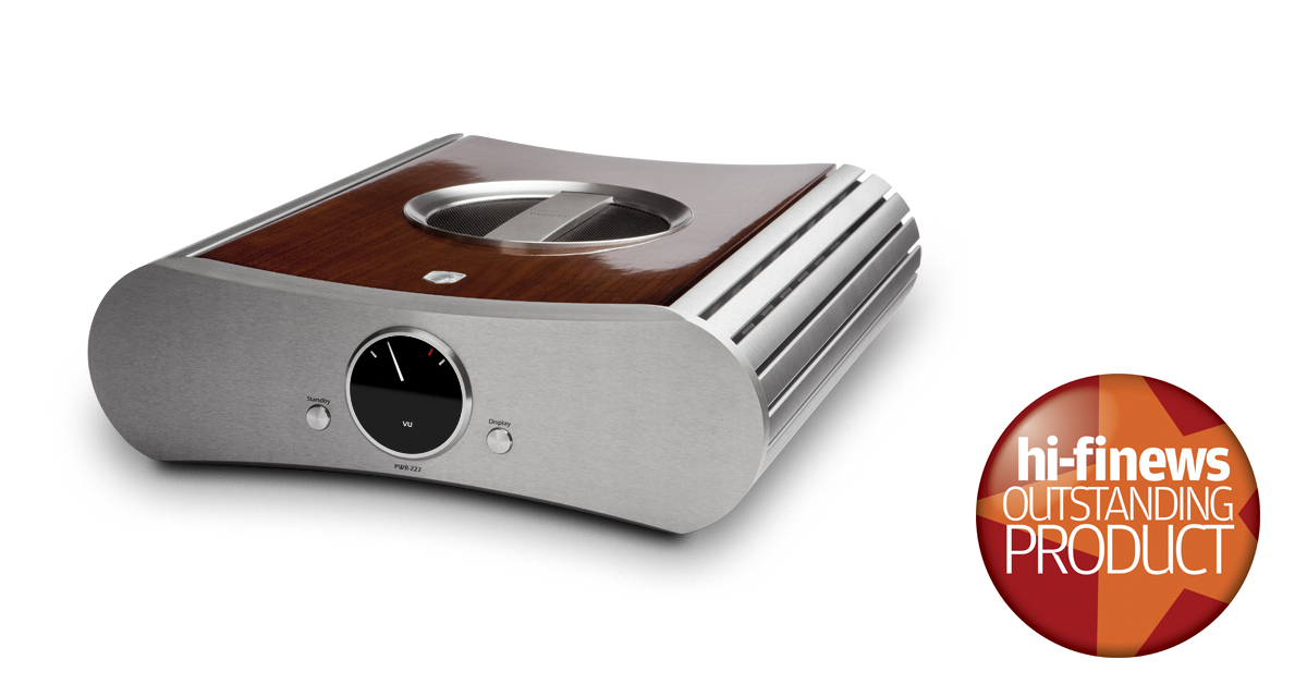 Elegant Gato PWR-222 Mono Amplifier with walnut finish and intuitive VU meter, Hi-Fi news outstanding award in the corner.