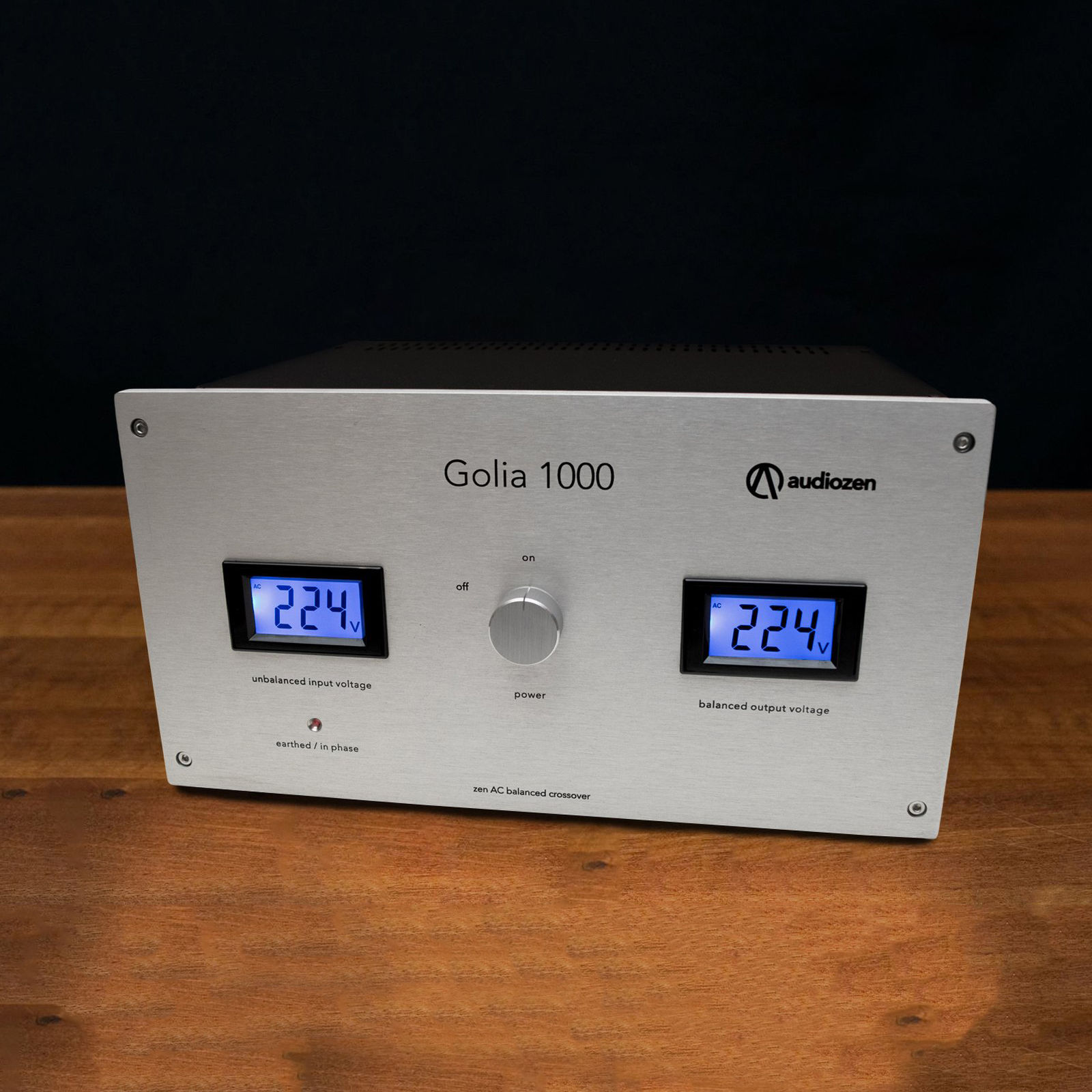 Front view of the Audiozen Golia 1000 Balanced Power Controller with dual voltage display.