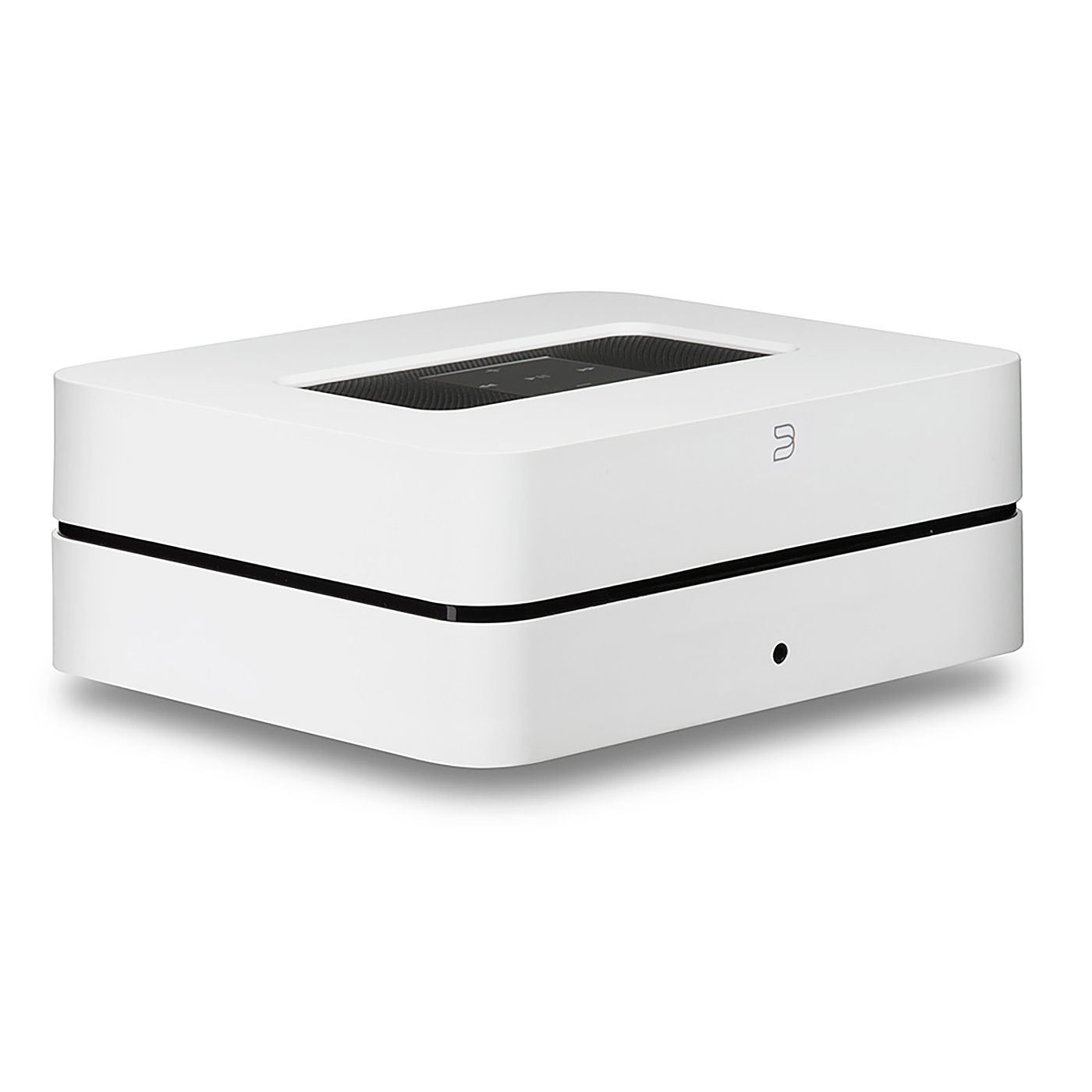 Bluesound VAULT 2i in white, front view, displaying sleek design with touch controls on top.