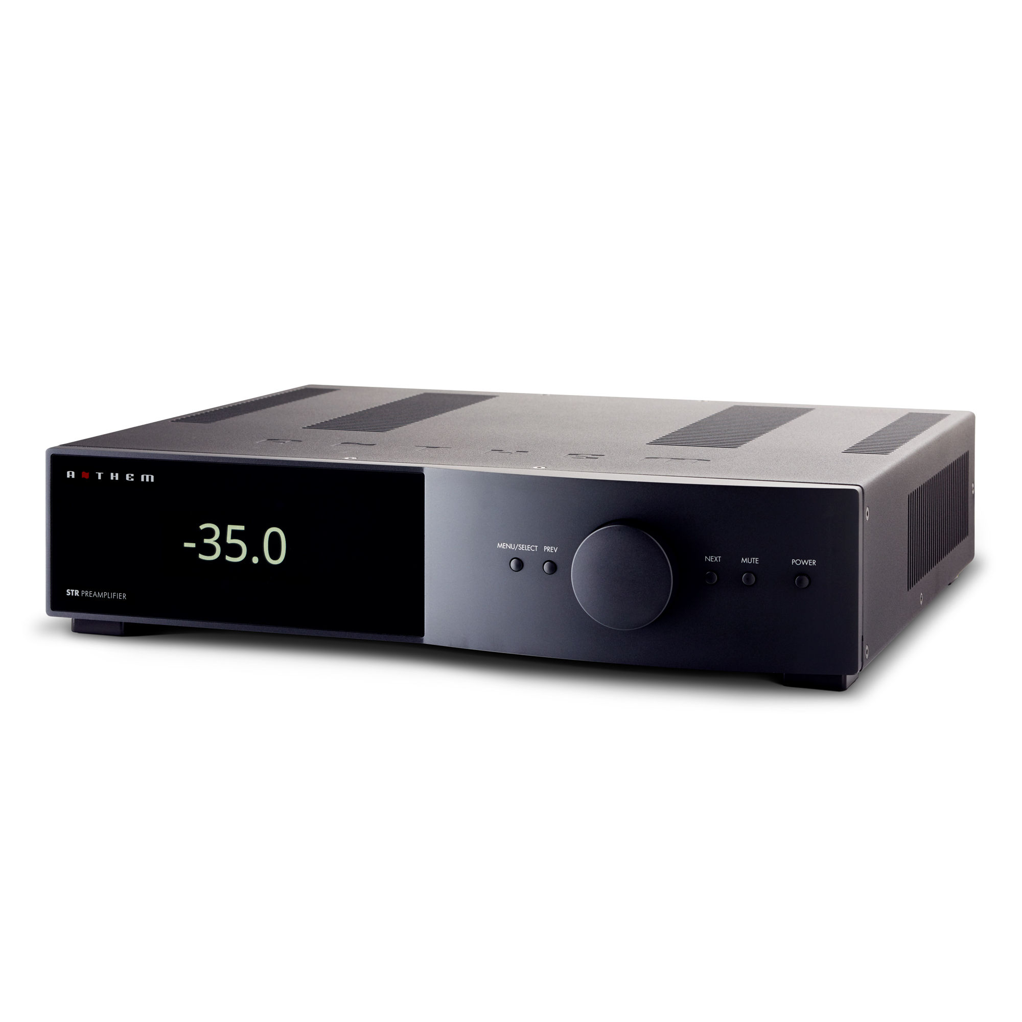 Front angled view of a black Anthem STR Integrated Amplifier showcasing the sleek design and digital display.