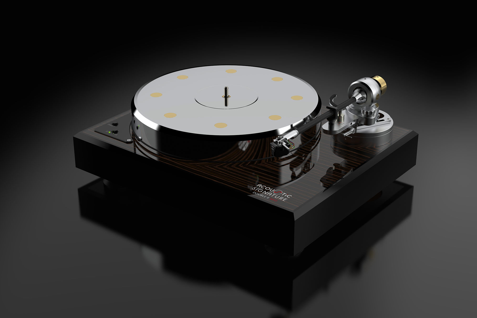 Acoustic Signature DOUBLE X NEO Turntable with arm and golden details on plinth.