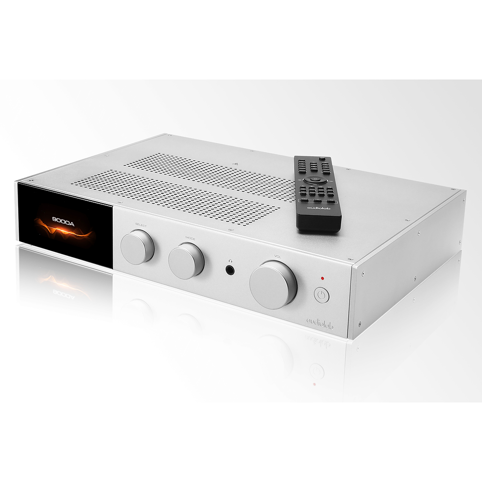 Thumbnail: Silver Audiolab 9000A Integrated Amplifier with a remote control placed on top, showcasing the OLED display.
