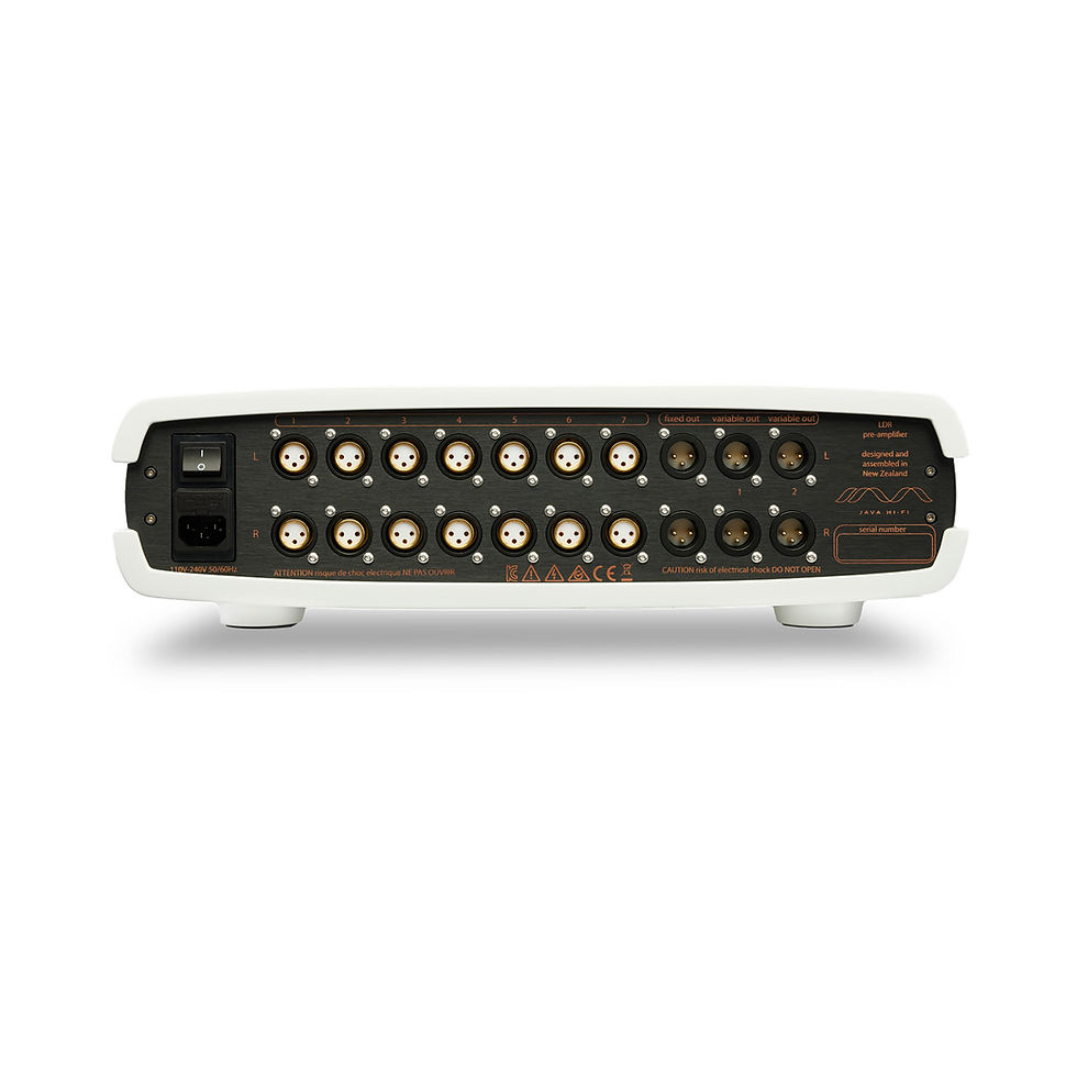 Thumbnail: Rear panel of the white Double Shot LDR Pre-Amplifier showing various input and output connectors for versatile connections