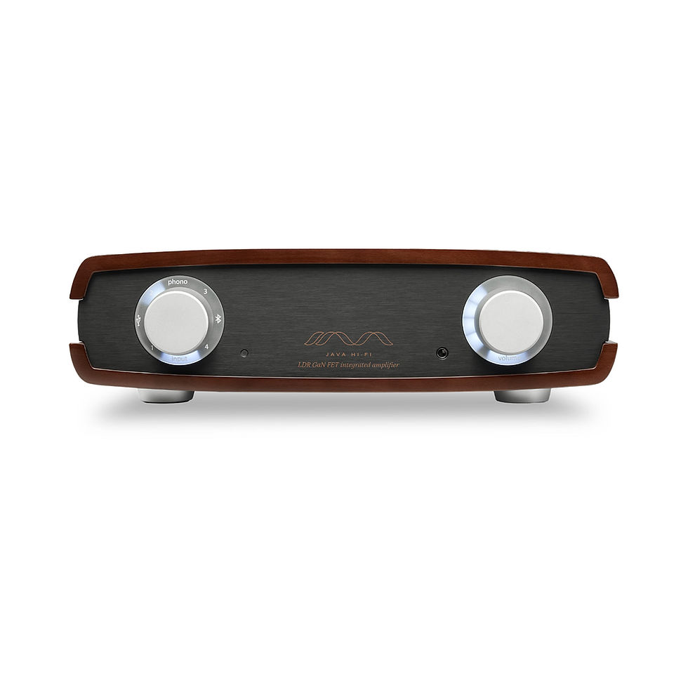 Front view of the Java Double Shot Integrated Amplifier highlighting the input selector and volume control knobs.