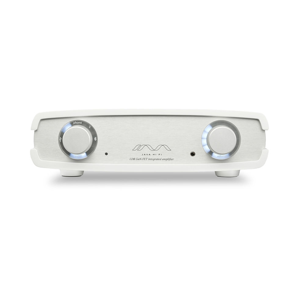 Front view of the Java Single Shot Integrated Amplifier highlighting the input selector and volume control knobs.