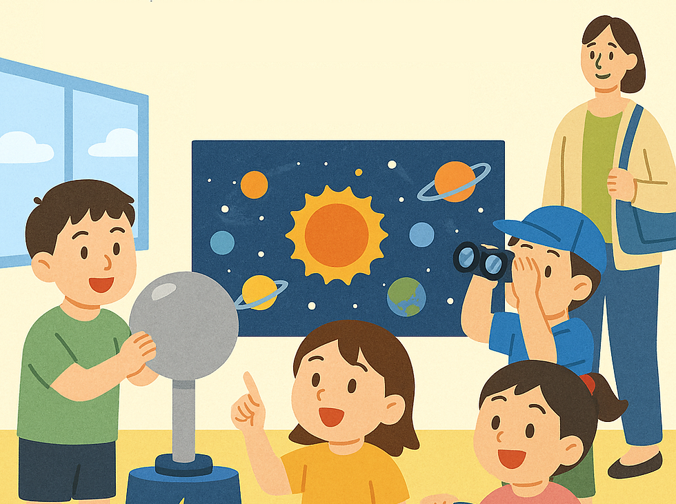 宇宙に関する展示を見学する子どもたち