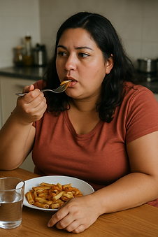 Mujer disfrutando pasta en la cocina.png