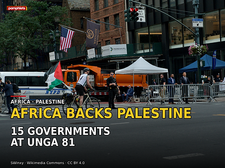 Pamphlets V7 hero card using a real 2025 photograph near United Nations headquarters showing a Palestinian flag during General Assembly week, by SWinxy, CC BY 4.0.