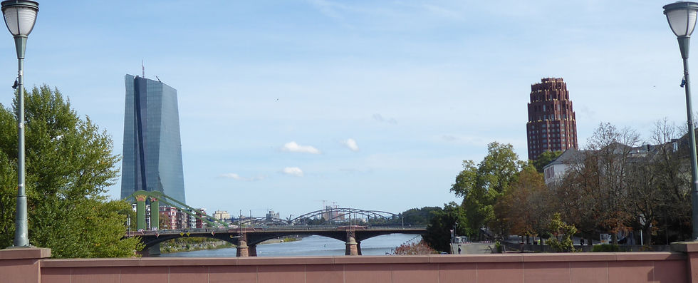 The European Central Bank headquarters and River Main in Frankfurt.