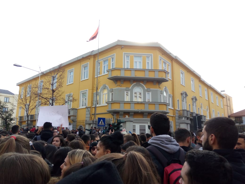 Students demonstrating outside Albania's Ministry of Education in Tirana in December 2018; archival photograph, not the 2026 clashes