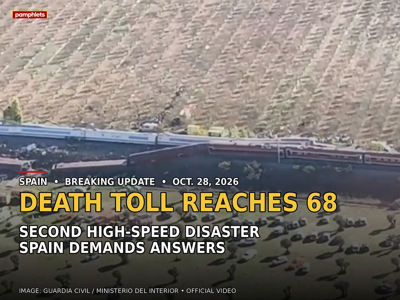 Pamphlets V9 breaking-news update over authentic Guardia Civil aerial footage of the Urda train collision; headline: Death Toll Reaches 68; Second High-Speed Disaster; Spain Demands Answers