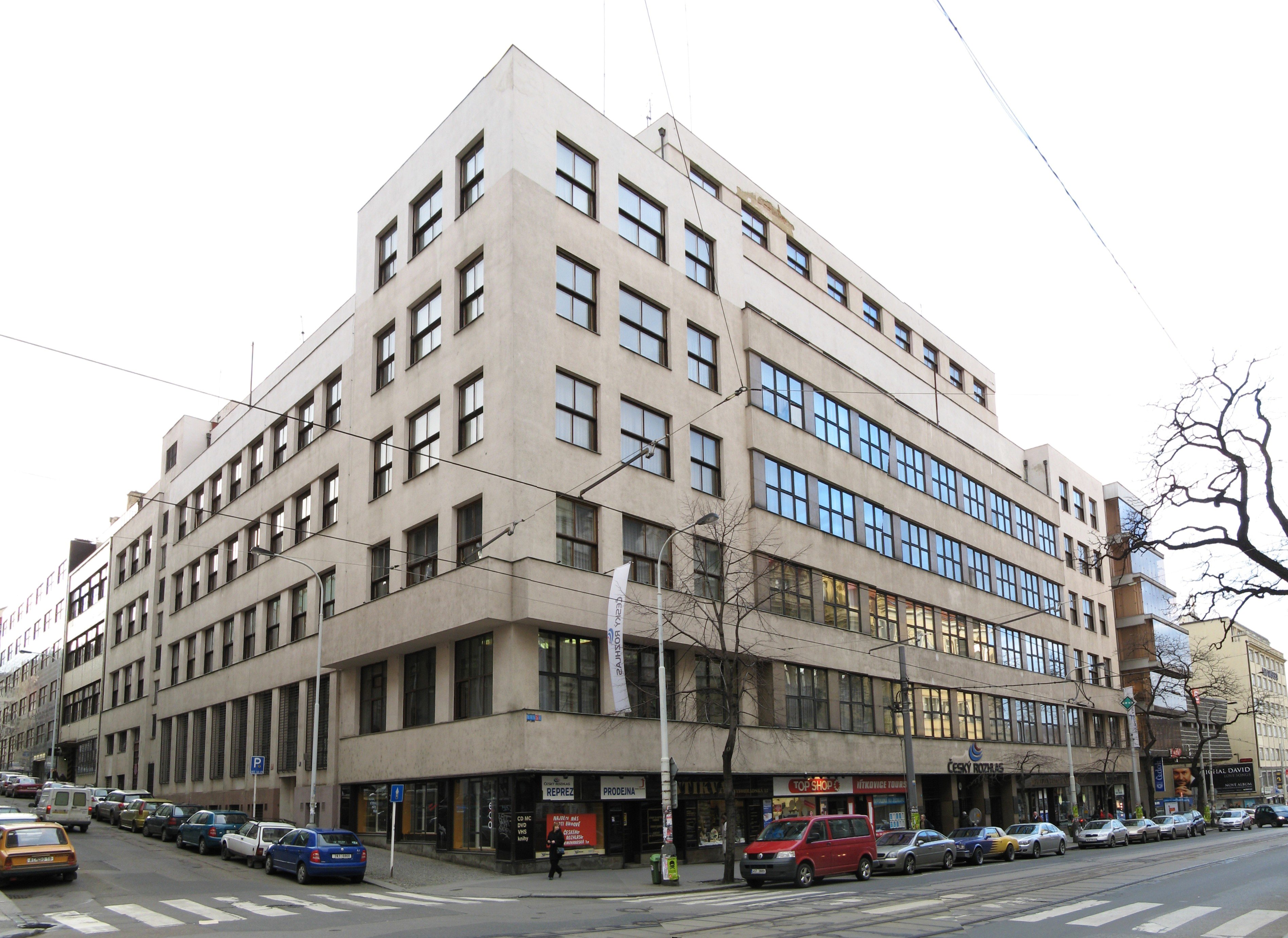 Archive photograph of Czech Radio headquarters on Vinohradská Street in Prague