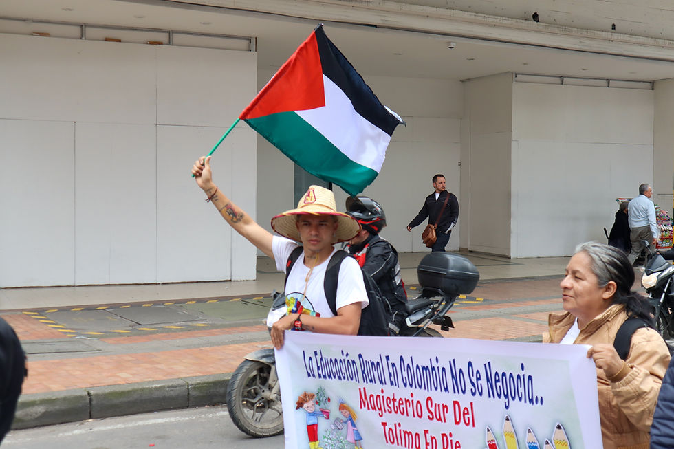 Archival photograph of Bogotá demonstrations during Colombia's 2025 national strike, not October 2026 marches