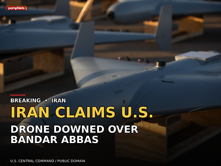 Pamphlets news card showing U.S. LUCAS attack drones on a tarmac with the headline Iran claims U.S. drone downed over Bandar Abbas.