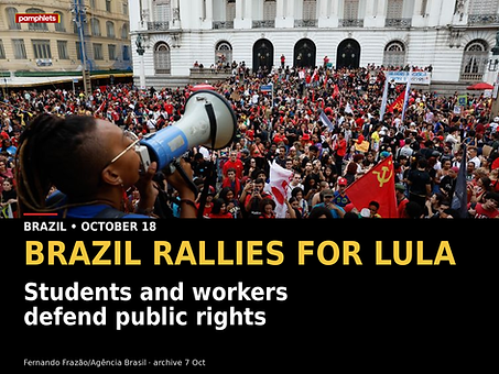 An archival October 7, 2026 photograph of a student speaking through a megaphone above a crowd supporting Lula in central Rio de Janeiro. It illustrates the same student movement; it does not show the October 18 rallies.