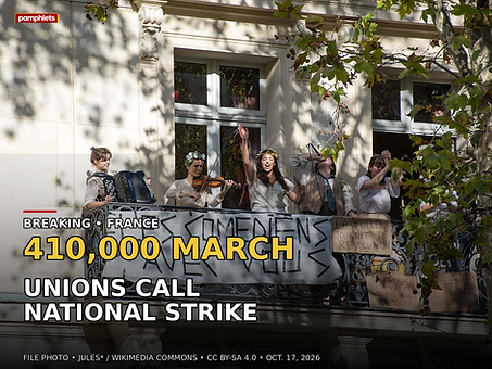Pamphlets breaking-news card on France’s 410,000-person protest and planned strike