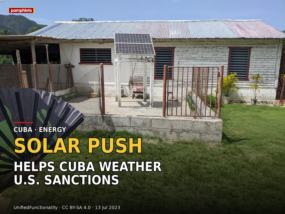 Pamphlets V7 hero card using UnifiedFunctionality's July 13, 2023 photograph of a solar panel power station near Viñales, Cuba, licensed CC BY-SA 4.0.
