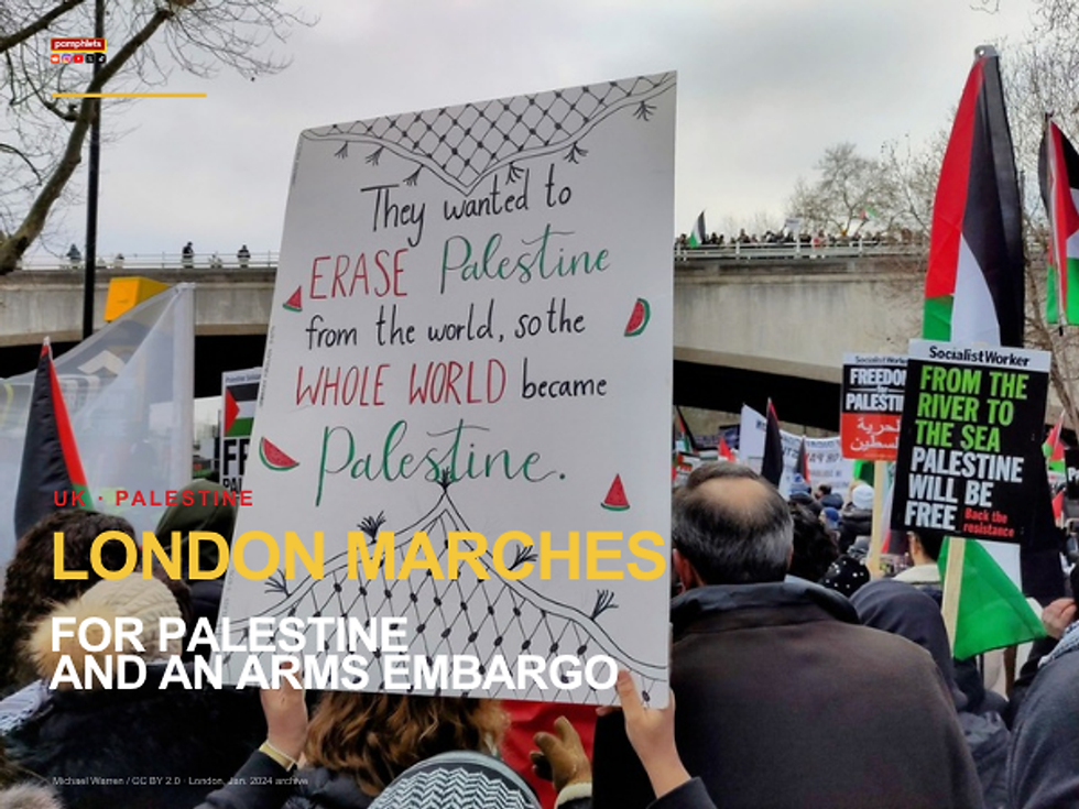 Pamphlets London Palestine march arms embargo article hero. Real Michael Warren London march photo 13 Jan 2024, Creative Commons Attribution 2.0 archival image; not Oct 10 2026.
