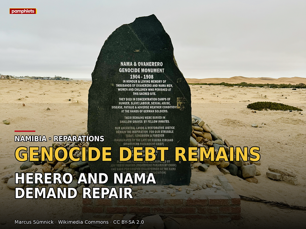Pamphlets V7 hero card using Marcus Sümnick’s 2023 photograph of the Nama and Ovaherero genocide memorial in Swakopmund, Namibia, licensed CC BY-SA 2.0.