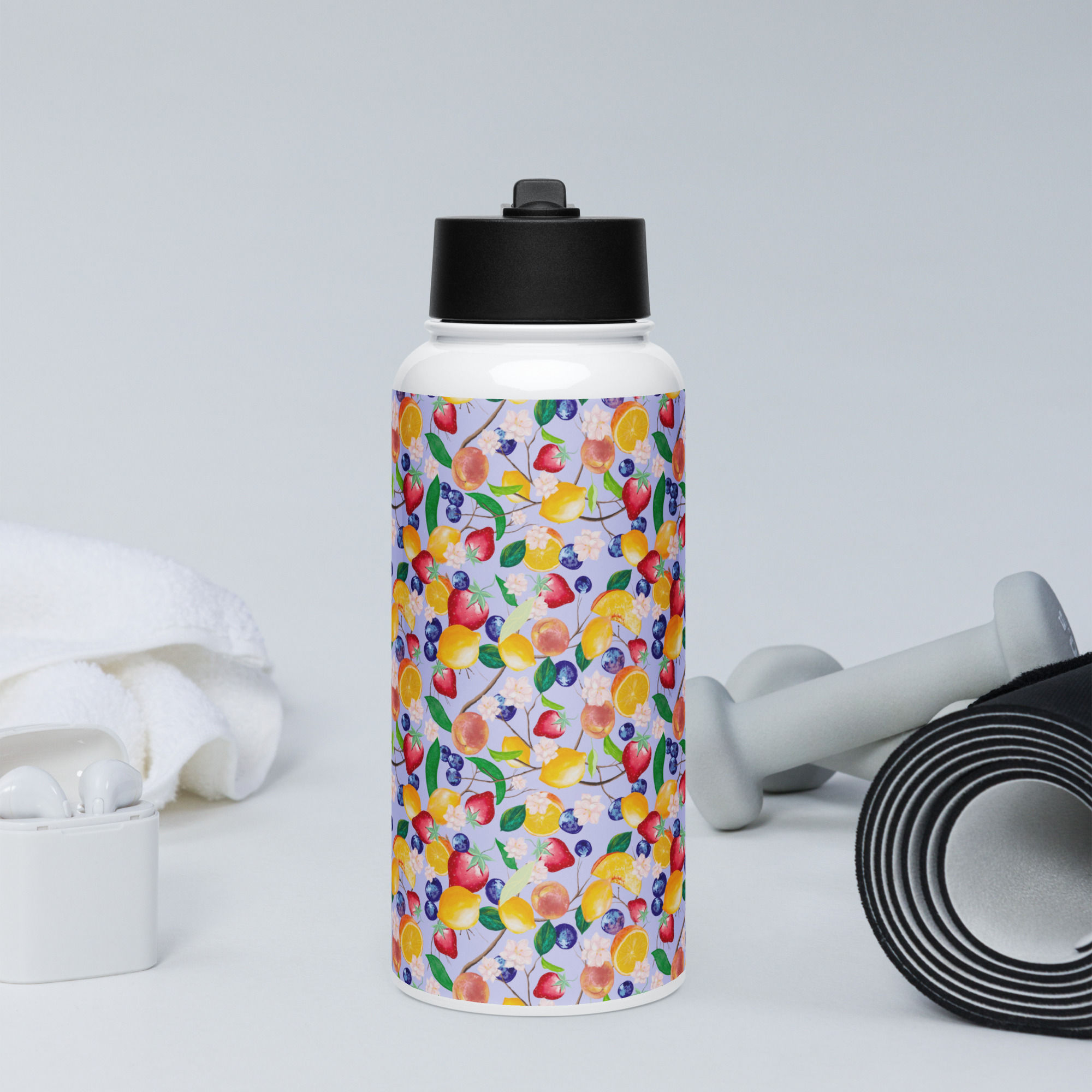 Stainless steel water bottle with a straw lid