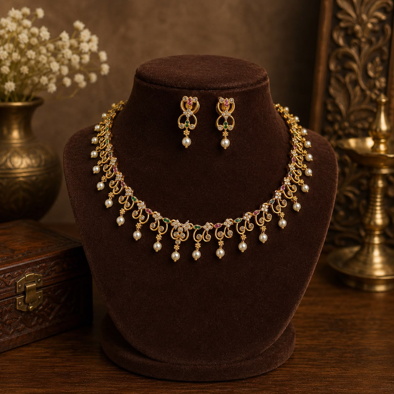 Royal Multicolour Floral Pearl Necklace Set