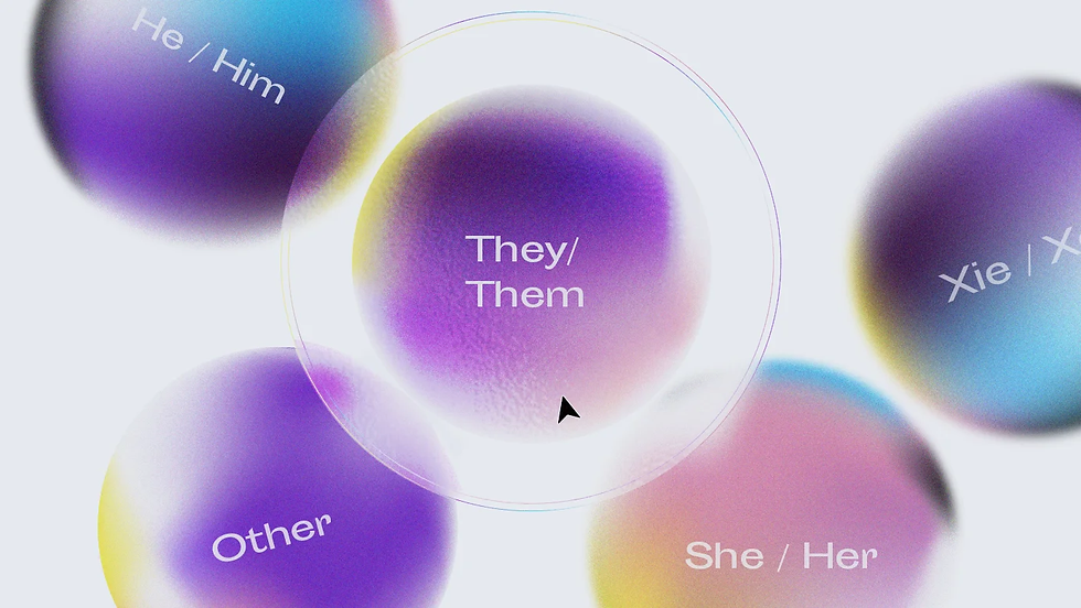 A graphic illustration of floating radio buttons with different pronouns written on them, including She / Her, He / Him, They / Them and Other