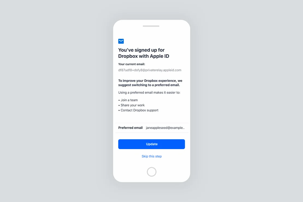 A screenshot of the Dropbox sign-up on mobile