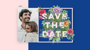 Farbpaletten Hochzeit Bild mit verlobtem Paar und Save the date in schönen Farben