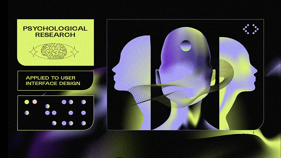 A graphic illustration of a featureless face facing three different directions, and text reading: Psychological research applied to interface design