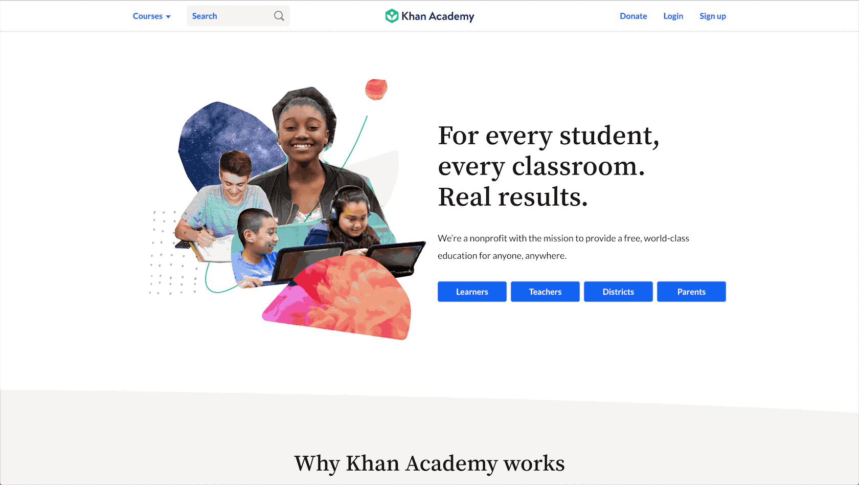 The website homepage for Khan Academy