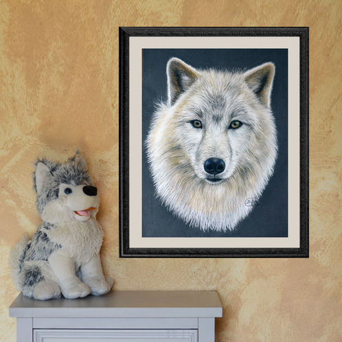 Peinture aux pastels secs, réalisé par l'artiste sylvieg, sur une feuille de Pastelmat anthracite 40x50 cm, représentant la tête d'un loup blanc