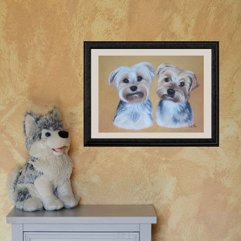 portraits aux pastels secs de deux Yorkshires, réalisés par l'artiste Sylvie G