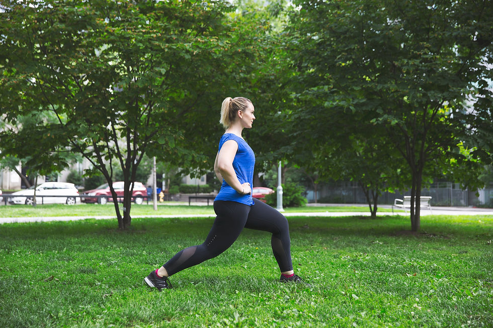 Basic lunge with the right posture. Keeping body neutral and straight and slowly lower back leg 90-degrees, knee barely touching the ground. Be sure to keep the knee behind the toes in the front leg