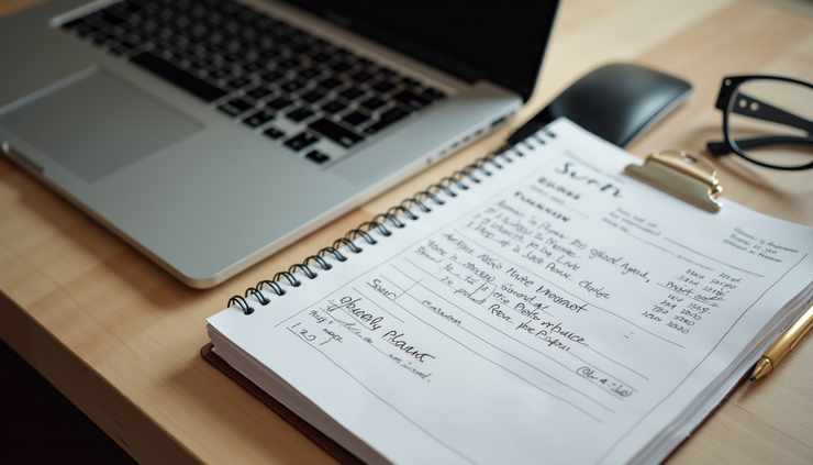High angle view of a creative workspace with a laptop and notes for video planning