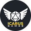 The Icarus Games Logo, which is a 20-sided dice with wings with the text "Icarus Games" beneath it