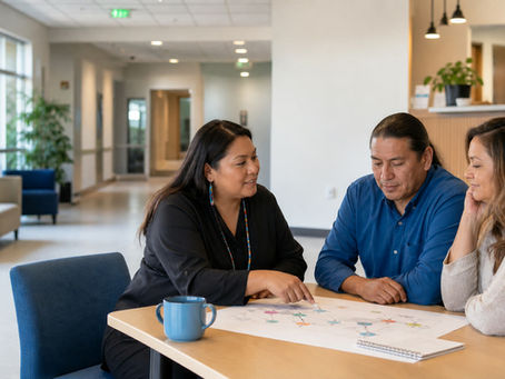 Three contemporary Indigenous adults review a patient journey map together in a modern community clinic.