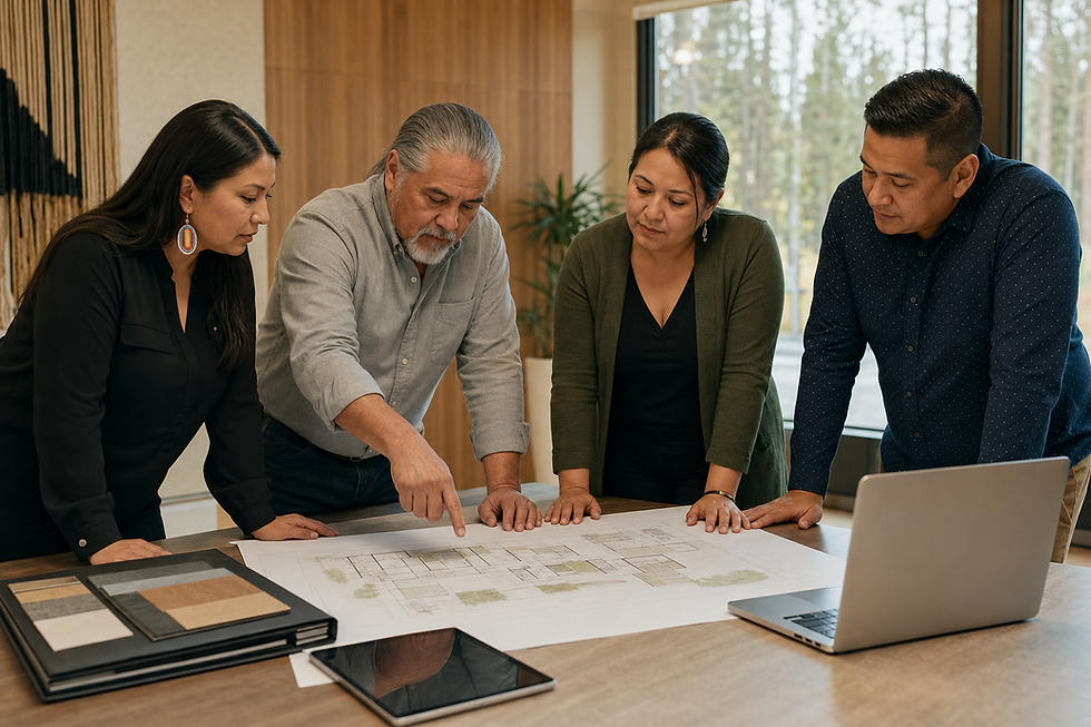 Four Indigenous healthcare professionals discuss the vision for a community clinic in a modern meeting room.