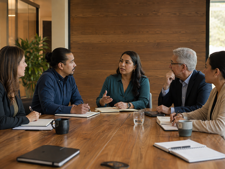 Five professionals in a contemporary meeting listen as one person speaks around a conference table.