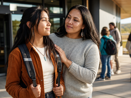 Native student arriving at a modern school with encouragement from a supportive adult