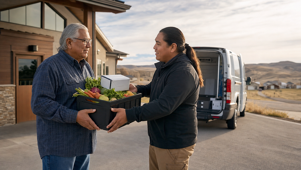 Native delivery professional bringing fresh produce and a sealed prescription package to an elder in a rural Tribal community.